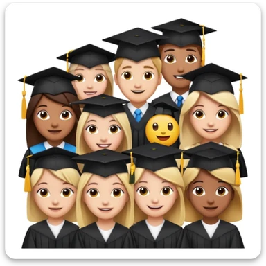 a group of diverse students in graduation caps, university building behind them, emoji style, inspired by 'KIDZ BOP Kids' sticker