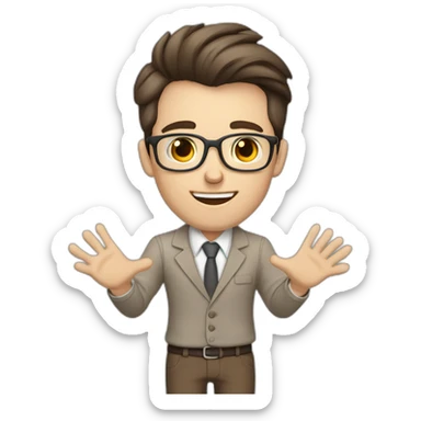 To belt Actively gesturing with hands Pale skinned fit man teacher with dark brown hair in gray jacket, beige office shirt, brown tie, brown pants and vintage glasses. sticker