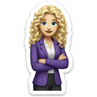 Woman teacher, blonde long curly hair,  blue eyes, purple jacket, with book sticker
