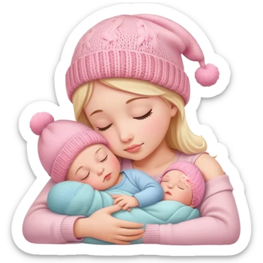 peaceful infant baby sleeping on mother's arm wearing cute pink knitted hat sticker