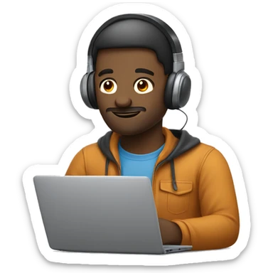 man in headphones talking hold laptop and phone only upper part of body  sticker