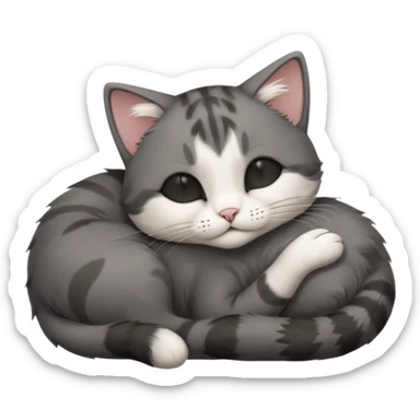 dark grey and white small cat with its eyes closed lying down leaning on its elbow with its paw curled under its head holding it up sticker