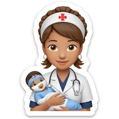 Female nurse smiling with her hair tied up in a roll on the top front of head with medium brown skin and brown eyes holding one new born with navy blue short sleeves sticker