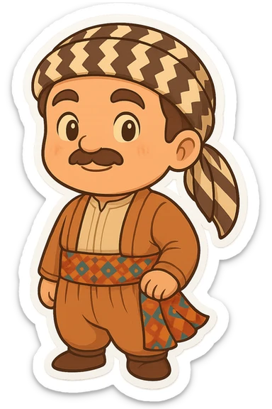 Create a chibi Kurdish cartoon sticker based on the reference image, showing a proud and happy (confident and joyful) expression. sticker