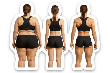 fai una donna di spalle in gym shorts leggermente sovrappeso e con cellulite e accanto una seconda donna di spalle magra (che è dimagrita post dieta) e accanto una terza donna in forma allenata e con le giuste proporzioni, l'immagine deve rappresentare il processo: da donna grassa, a donna piatta e magra, a donna allenata e in forma con i giusti muscoli, iperrealistico 4k sticker