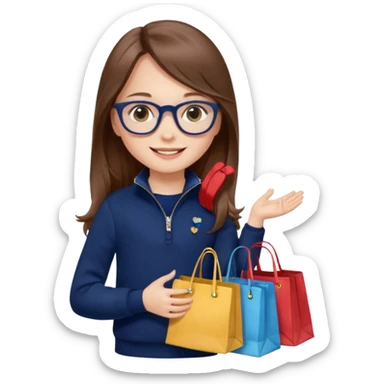 A little girl (he usually calls her baby), who is obsessed with shopping and luxury brands and holds a dozen of bags, she wears navy blue half zip sweater and holds 10 bags and she has long brown hair with Prada eyeglasses. The previous one but with eyeglasses  sticker