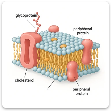A highly detailed, scientifically accurate cross-section of a biological cell membrane (lipid bilayer) on a white background, ultra-realistic 3D illustration. Show the phospholipid bilayer with hydrophilic heads (round, polar) facing outward and hydrophobic tails (chains) inside. Include embedded proteins (integral and peripheral), cholesterol molecules (small, rigid), glycoproteins with sugar chains, and ion channels. The style should be clean, lab-textbook style, with subtle shadows and depth. Use a color scheme: light blue for hydrophilic heads, yellow for hydrophobic tails, red/pink for proteins, and orange for cholesterol. Microscope-like precision, no artistic stylization. Educational diagram of the Fluid Mosaic Model, cross-sectional view with labels for 'glycoprotein', 'cholesterol', and 'peripheral protein', vector graphic style. sticker
