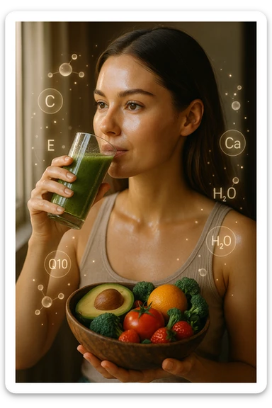 A highly realistic, cinematic portrait of a young woman in her late 20s with glowing, clear, healthy skin and a vibrant scalp with strong, shiny hair, symbolizing internal health reflecting outward. She has a calm, confident expression while sitting by a window with warm daylight softly illuminating her face, highlighting smooth, hydrated skin with a natural glow. Her hair appears clean, full, and strong, indicating a healthy scalp and balanced sebum production. She is drinking a glass of green smoothie rich in antioxidants and holding a bowl of colorful fruits and vegetables, symbolizing how internal nutrition supports skin and scalp health. Subtle, softly glowing overlays of molecular symbols for vitamins, minerals, and hydration molecules gently swirl around her, visually representing the concept of beauty and skin health from the inside out. Style: 35mm hyperrealistic film look, warm tones, soft depth of field, focusing on clear skin texture, healthy scalp, and vibrant hair to inspire holistic wellness sticker