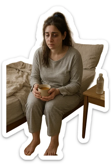 A realistic, cinematic illustration of a woman in her early 30s with a tired, pale appearance, sitting on the edge of her bed in a softly lit bedroom during the morning, looking exhausted and drained. Her posture is slightly slouched, and dark circles are visible under her eyes. She wears comfortable loungewear, holding a warm cup of herbal tea in her hands, seeking comfort. The scene includes a cozy yet slightly messy room with a blanket, a water bottle, and a book on the nightstand, emphasizing chronic fatigue. Soft natural light comes through the window, highlighting her expression of persistent tiredness despite rest, capturing the invisible struggle of chronic fatigue syndrome while maintaining dignity and a gentle aesthetic. sticker