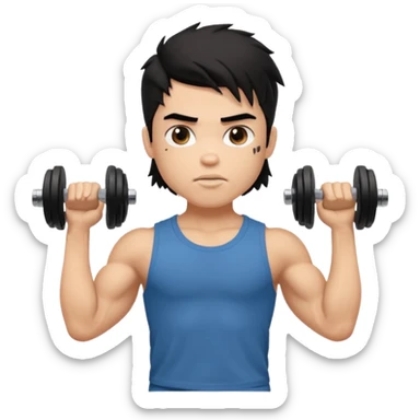 generate a pretty fair bratz boy with a messy mullet (black hair), wearing a brown tshirt. he has big biceps and is ripped. He is holding dumbbells sticker