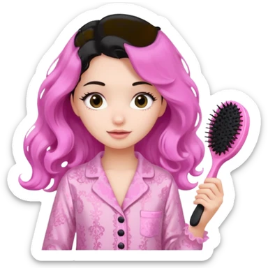 girl with medium length black way hair wearing pink lacy pajamas brushing her hair with pink hairbrush sticker