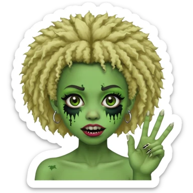 girl, green zombie,blonde afro, medium long, shaggy, dark, spooky,double eyebrow dermal piercing, two fingers up sticker