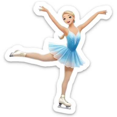 An icon featuring a shimmering rink, colorful spotlights, snowflakes gently falling from the sky, and an audience in the stands, with a snowy landscape visible through large windows with a graceful figure skater performing a spin on a sparkling ice rink. Transparent background. sticker
