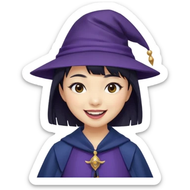 An Asian short-haired girl with short raven hair and bangs, with heterochromia eyed, eyeliner, and laughs with teeth and her tiny fang of mauve-toned lipstick, wears a dark navy wizard hat with an emblem on it. sticker
