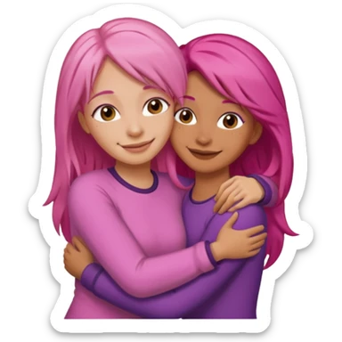 Surprisingly goofy once they open up. Strong, loyal, and incredibly supportive — but still hates wasting time. one woman with long pink hair hugging another woman with short  dark hair sticker
