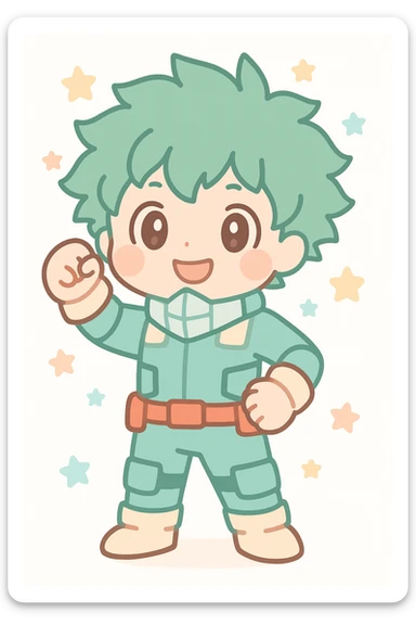 Izuku Midoriya (Deku) in a heroic pose, anime style, green hair, My Hero Academia theme sticker