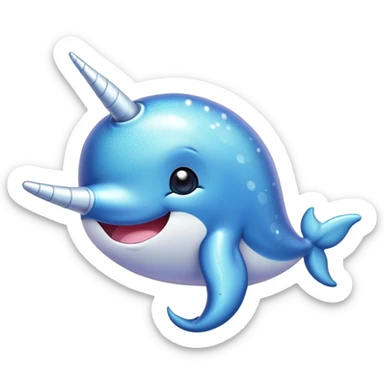 Cinematic Cute Narwhal Portrait Emoji, Head tilted playfully and inquisitively, with a glossy, shimmering body highlighted by its iconic tusk and sparkling eyes filled with wonder, Simplified yet irresistibly adorable features, highly detailed, glowing with a warm, friendly glow, high shine, affectionate and lively, stylized with a touch of whimsical charm, bright and endearing, soft glowing outline, capturing the essence of a mischievous marine marvel that feels like it could frolic out of the screen into your heart! sticker