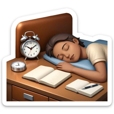 A dimly lit bedroom with a person sleeping. On a nightstand, there's  there’s a small alarm clock and a closed journal. In the background, a clean and tidy kitchen is visible, symbolizing a fresh start for the morning. preparation. sticker