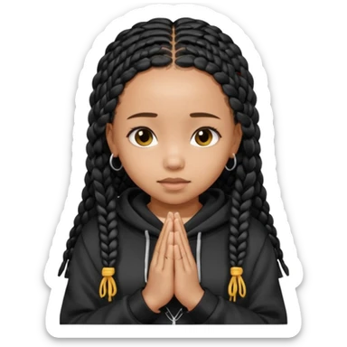 African American girl light skin with long black box braids and plain black hoodie with prayer hands sticker