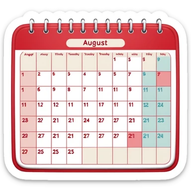 a monthly calendar labeled “August,” with rounded square date boxes, scalloped border frame, playful red doodle lines, and a cozy planner vibe. Minimal kawaii style, flat pastel color palette, slightly imperfect sketch lines, centered object, no background sticker