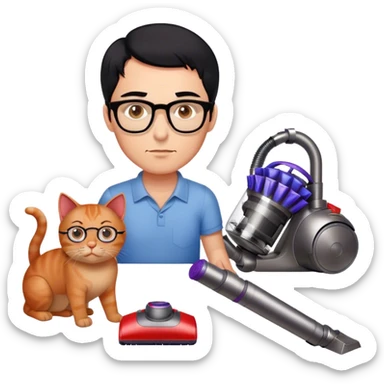 Dyson used by a man with black hair, very light blue eyes with glasses and 2 red cats on the floor sticker