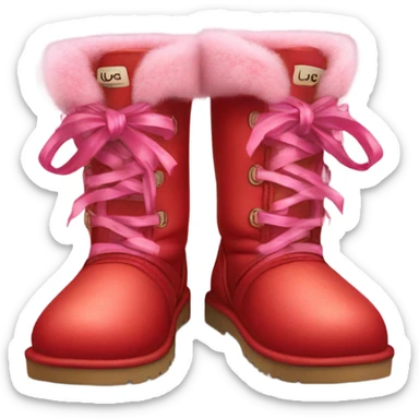 Pair of Realistic Red Ugg Fur Boots laced up with pink silk ribbon laces at the back of them. sticker