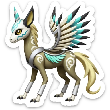 Arrow-patterned chevron-marked Big-eyed anime-styled Colorful Shiny Tribal Skeletal masked armored Meloetta-Silvally-Solgaleo-Raikou-Pokémon-Digimon-Fakémon-fusion-hybrid-creature, full body sticker