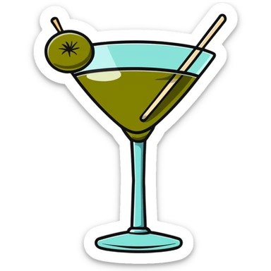 martini glass with clear liquid and an olive at the bottom skewered by a toothpick sticker