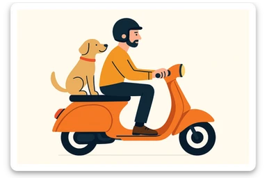 vector art of a man and his pet dog riding a vespa, for website design  sticker