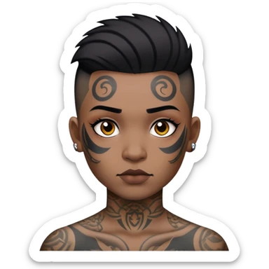 nam 30 tuổi, da đen, tóc undercut ngắn đen, có hình xăm trên mặt sticker