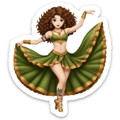 full body woman long curly brown hair brown eyes white skin tattoos muscular build moss silk dancer costume, mid spin sticker