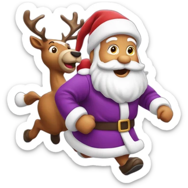 Santa Claus dressed in purple running with the reindeer to deliver the presents sticker