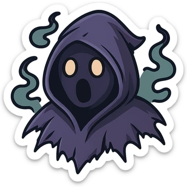 Refine the torn and ruffled hood details, making the edges more jagged and intricate, with extra emphasis on the tattered, ethereal look. Keep the surprised expression and the interplay of light and shadow forming the face, with no background. sticker