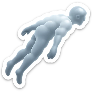 side view of unconscious person flying upwards by torso, legs and arms downwards, made of small very bright white fluffy convex clouds, matte glass style sticker