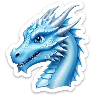 Cinematic Noble elegant Ice Dragon Portrait Emoji, Poised and imposing, distinct long elegant snout, with a slender, scaled body shimmering in glacial hues of icy blue, frostbitten silver, and crystalline white, breathing out frost, with piercing, glowing blue eyes that radiate the chilling depths of an arctic storm; rendered in detail. sticker