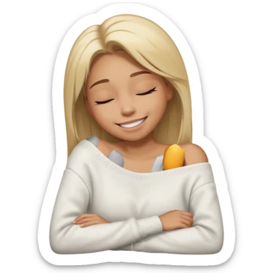 Mujer color de piel moreno claro, con cabello rubio largo, lacio y suelto, ojos negros, usando un suéter off shoulders blanco, sonriendo sin enseñar los dientes durmiendo  sticker