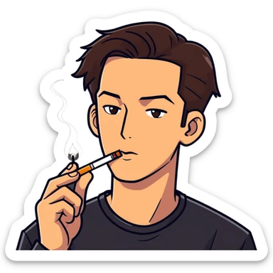 a guy with hazel eyes and slicked back brown hair stay with a lighter and a cigarette in his mouth with a sly expression on his face sticker