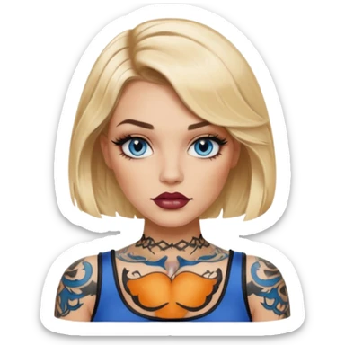 Edgy Woman, Blonde hair wavy Medium blunt bob, blue eyes, makeup Smokey lid with doe lashes, fuller glossy lips, tattoo on arms, wearing black sticker