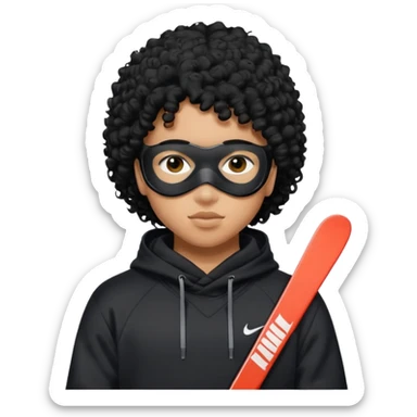 Blasian teenager wearing a hoodie with black curly hair and nike ski mask sticker