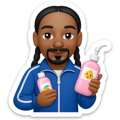 Change the baby oil bottle to pink, Snoop Dogg in a tracksuit holding it, in emoji style with no background. sticker