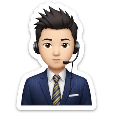 30 years old full kind of chubby face, very asian, short dark hair styled upward with a spiked swoop in front, a clean-shaven face, focused eyes, and a slim headset over one ear, wearing a dark pinstripe suit with a patterned dress shirt and a bright solid-colored tie visible from the chest up. sticker