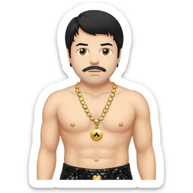 Oliver Reed with black hair, black sequin baggy pants, shirtless with necklace sticker