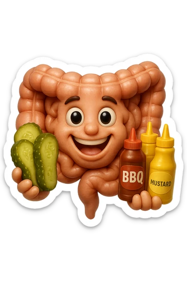 emoji stile iphone di intestino umano con espressione felice mentre tiene in mano cetriolini sottaceto, maionese, salsa barbecue, salsa, senape realistica
IPERREALISTICO 4K sticker