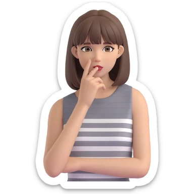 cute emoji-style cartoon of a fashionable woman in a sleeveless grey-and-white striped dress, straight medium brown hair with bangs, touching her face with one hand, confident neutral expression, minimal white or transparent background, compact and simplified sticker