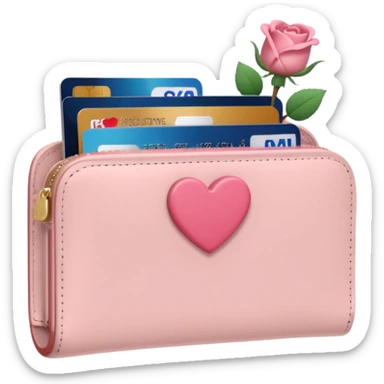 Pale Pink cute Wallet with heart charm, credit cards inside and roses growing from it, clean aesthetic sticker