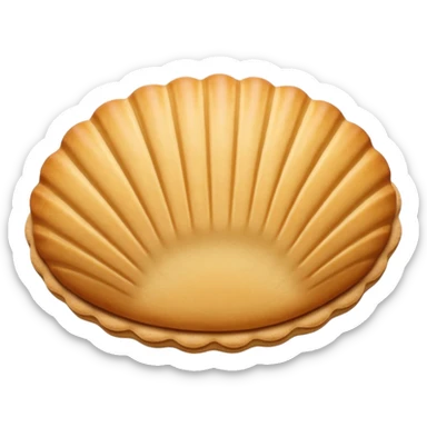 A madeleine pastry. Oval seashell shape with ONLY four to five vertical lines going in the same direction. Light golden brown. Scalloped edge. Cookie. Flat. Long. Oval shape. Lets scallops. sticker