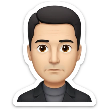 Broad-shouldered Hispanic man in his 50s, light brown complexion, square face with defined jawline, short straight black hair combed back with faded sides, thick eyebrows, black coat with gray buttoned-up shirt sticker