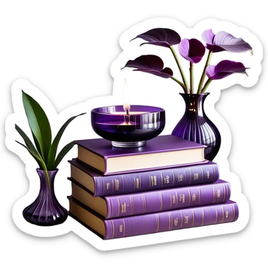 A sophisticated and artistic still life arrangement: a balanced stack of hardcover books in light and dark violet tones, their spines aligned in harmonious contrast. A lavender-colored monstera plant flourishes beside them, its uniquely shaped leaves adding a touch of organic beauty. A deep purple orchid glass candle holder glows gently, radiating warmth. To enrich the composition, a decorative amethyst crystal catches the light, a soft plum-colored linen cloth cascades from the table’s edge, and a delicate lavender-scented candle completes the ambiance of refined tranquility. sticker