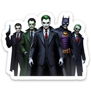 Icon for Thriller Movies: A large, dramatic collage featuring sinister villains and zombies in dark clothing. The background shows the gloomy cityscape of Gotham with dim lighting and eerie shadows. The atmosphere should be tense, mysterious, and suspenseful. Transparent background. sticker