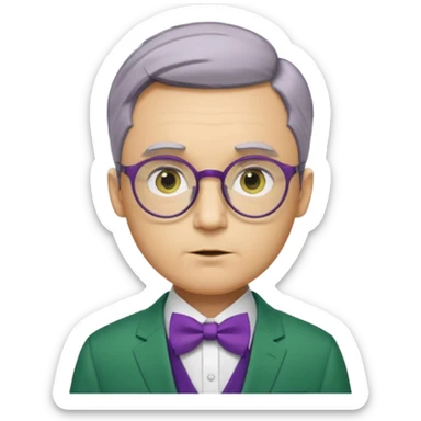 yellow-skinned man with neatly parted brown-gray hair, thick rectangular eyebrows, large round eyes behind thin glasses, a pointed nose, and a green suit with a white collar and purple bow tie. sticker